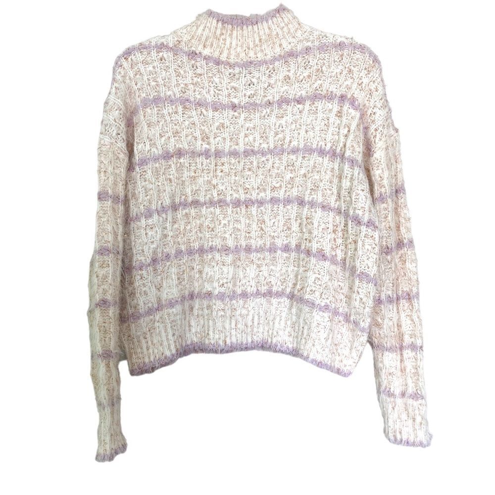 Forever 21 White Purple Stripe Sparkle Fringe Knit High Neck Sweater Small